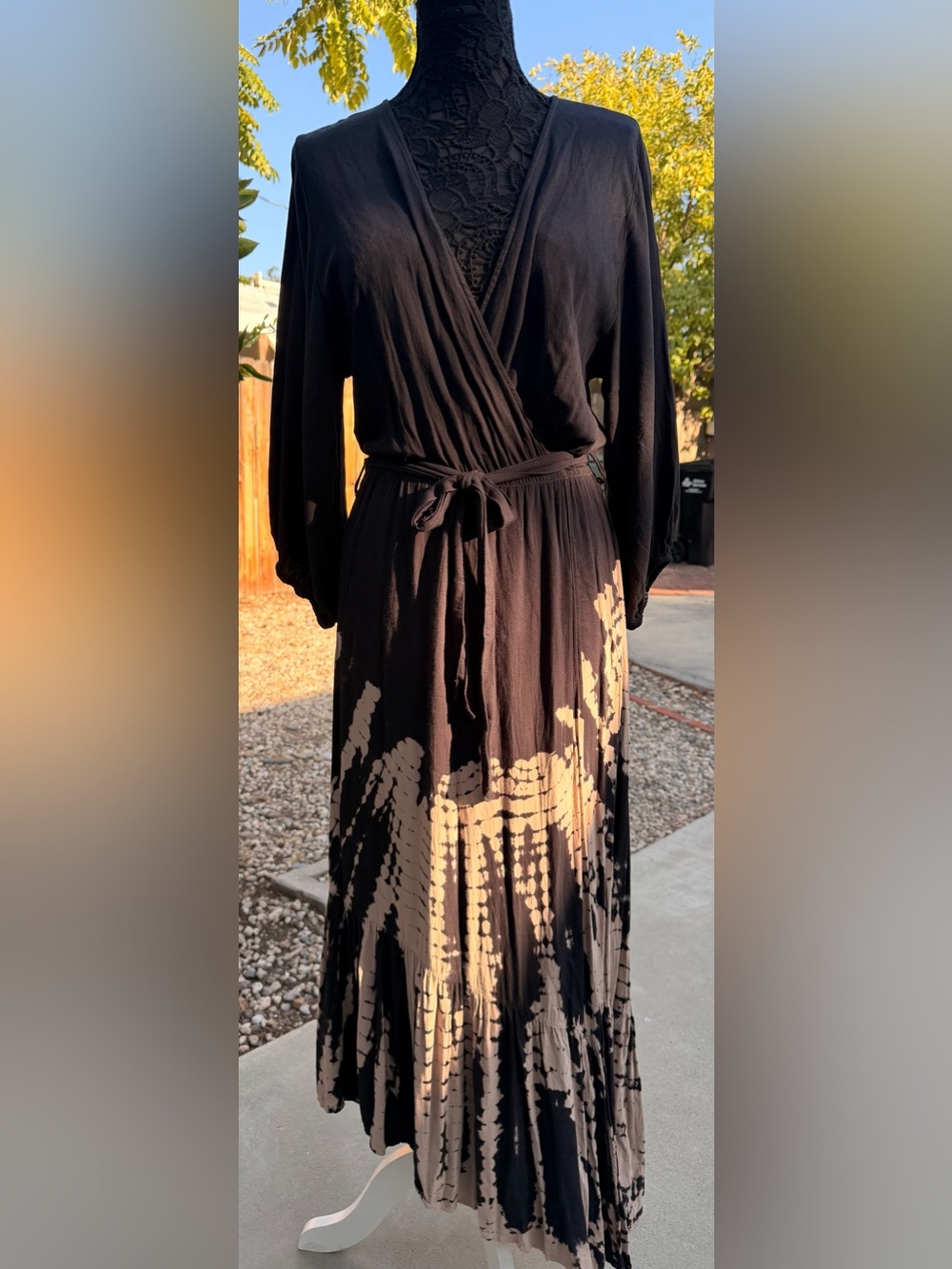 YFB Black Wrap Maxi Dress with Cream Tie-Dye Detail